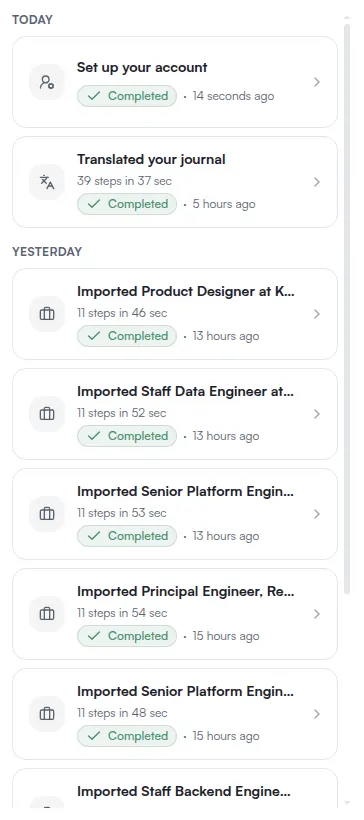 The activity list, with one row per background job and a status word on each.