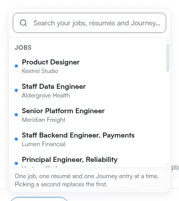 The attach panel open over the chat, listing the saved jobs one of which can be attached to this conversation.
