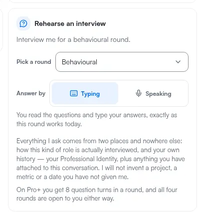 The rehearsal starter card, with the round to run, the way you answer, and what the questions are drawn from.