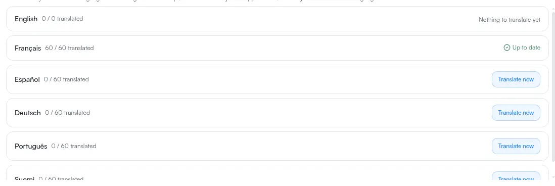 The content translations panel expanded inside Preferences, with a row for each interface language, each row showing its own progress figures and its own action.