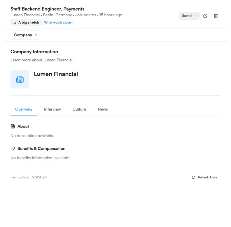Company research open on a saved job, with the four research tabs above the panel they switch.