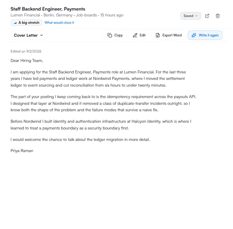 The Cover Letter section of a saved job, with the letter filling the column and its controls above.
