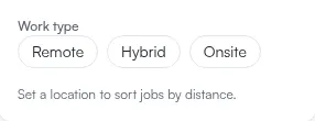 The Filters popover open over the job board, showing the stage, work type and country controls stacked inside it.