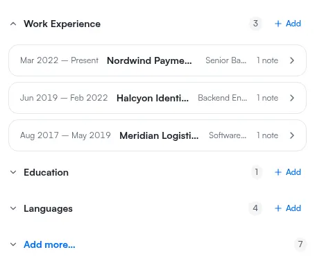 The journey outline column, one collapsible section per category, with Work Experience open and its entries listed under it.
