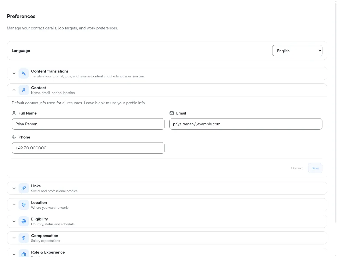 The Preferences page with the Language row above the accordion sections, one of which is open.