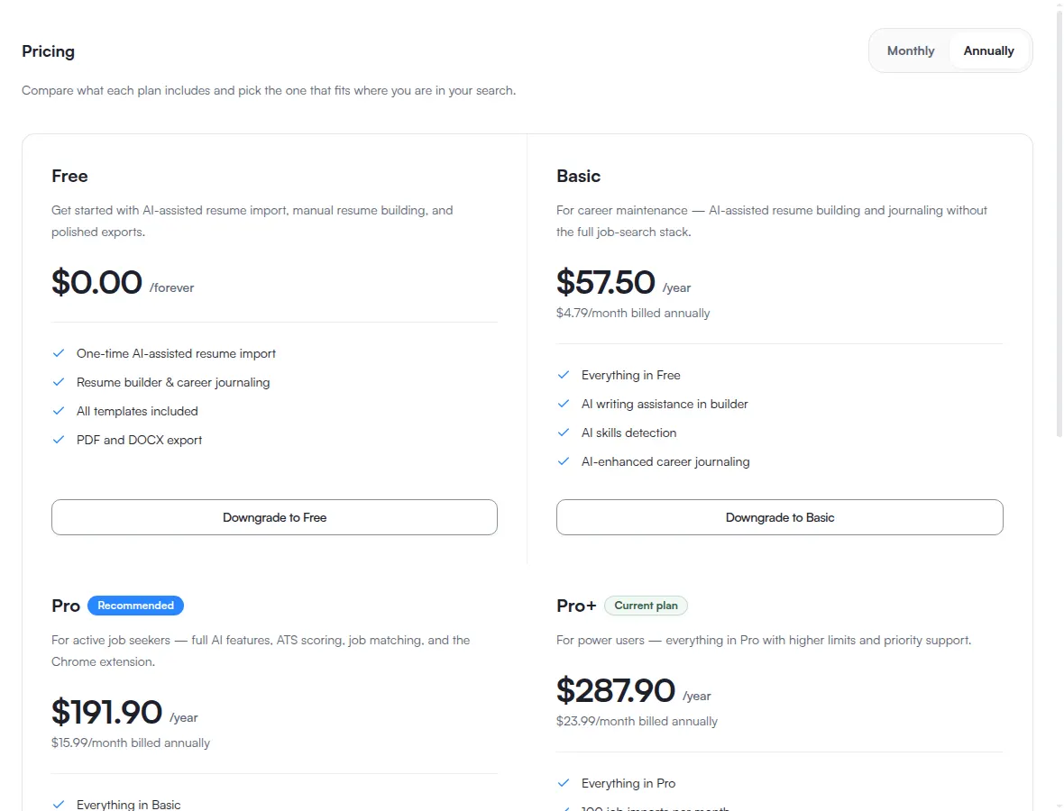 The ATSReady pricing page, with the plan cards laid out inside one panel and the billing-cycle toggle above them.