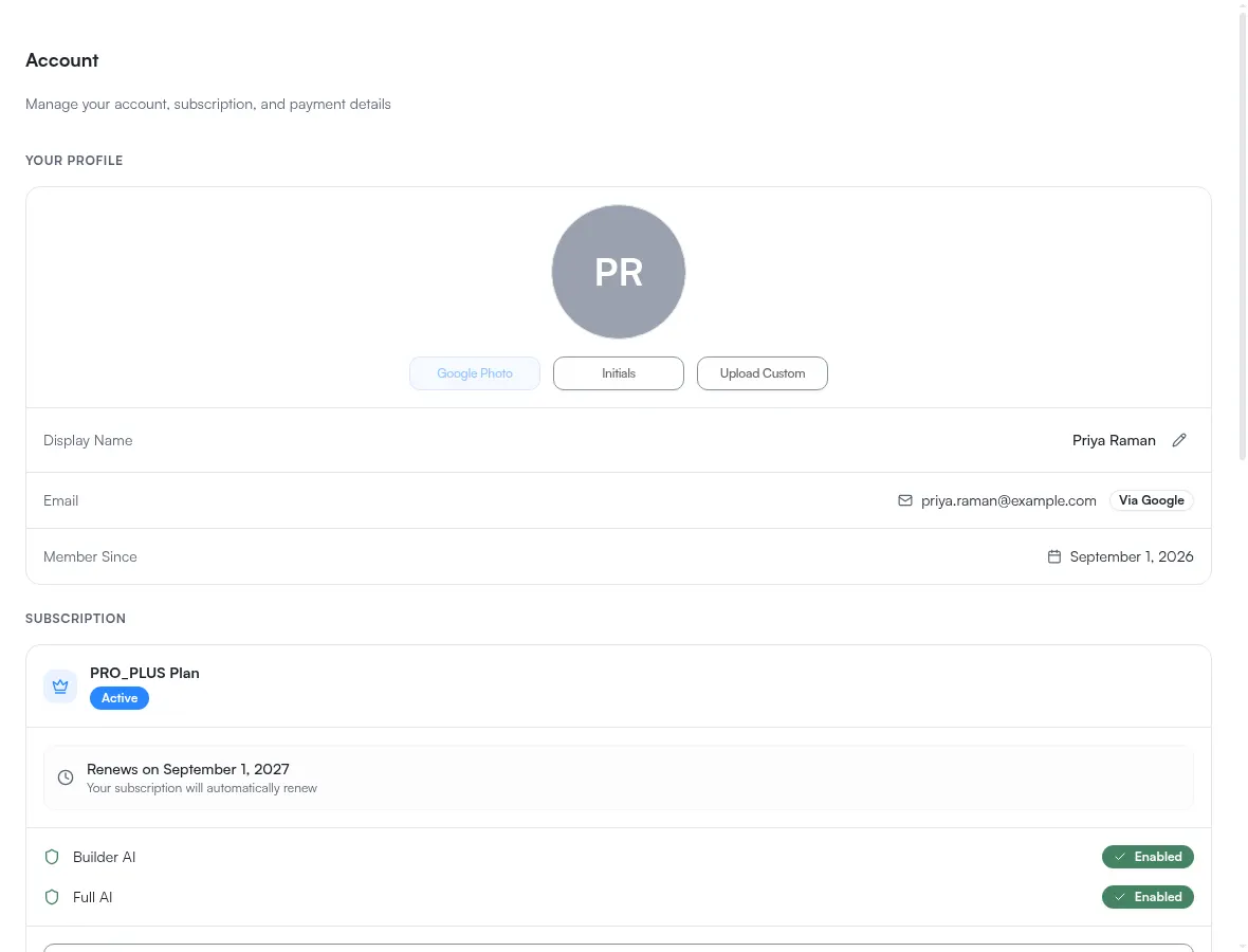 The Account page showing the subscription block above the payment and billing sections.