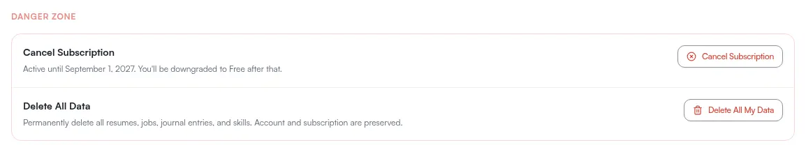 The Danger Zone: cancelling the subscription and deleting all data, side by side.