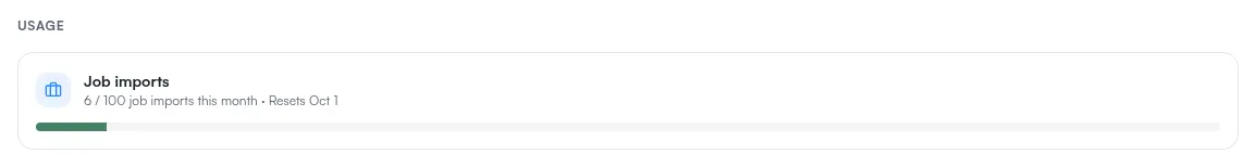 The Usage block on the account page, showing job imports used against the monthly figure and the date it resets.