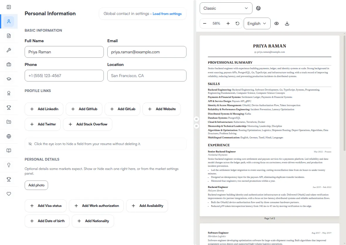 The resume editor at desktop width, with the section rail, the form column for the open section, and the rendered document beside them.