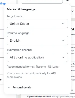 The market and language controls open over the preview, with the language selector among them.