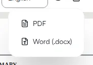 The export control open over the resume preview, listing the formats the document can be downloaded as.