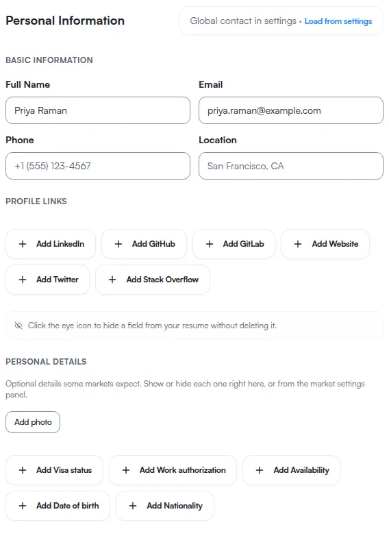 The include-photo toggle above the personal detail switches for date of birth, nationality, visa status, work authorization and availability.