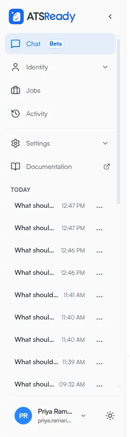 The ATSReady navigation rail down the start edge of the app, listing Chat, Identity, Jobs, Activity, Settings and Documentation as icon-and-label rows.